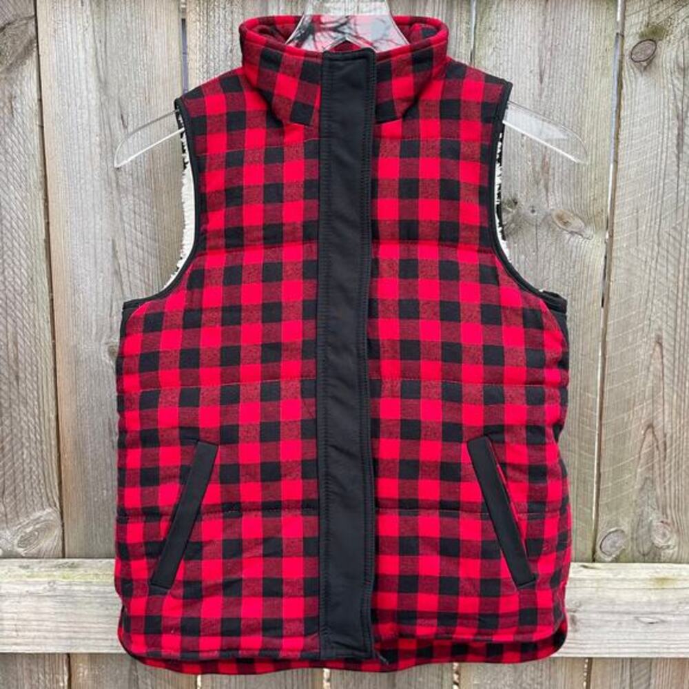 Madewell Women's Fireside Puffer Vest Fleece Buffalo Plaid Red‎ Black Size XS